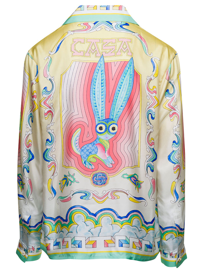 Multicolor Cuban Collar Shirt With All-Over Graphic Print Silk Man And Blouses