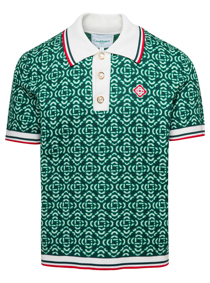 Green Polo Shirt With All-Over Logo Jacquard Cotton Man Tshirts And