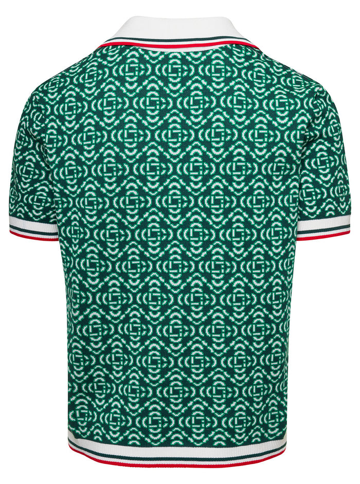Green Polo Shirt With All-Over Logo Jacquard Cotton Man Tshirts And
