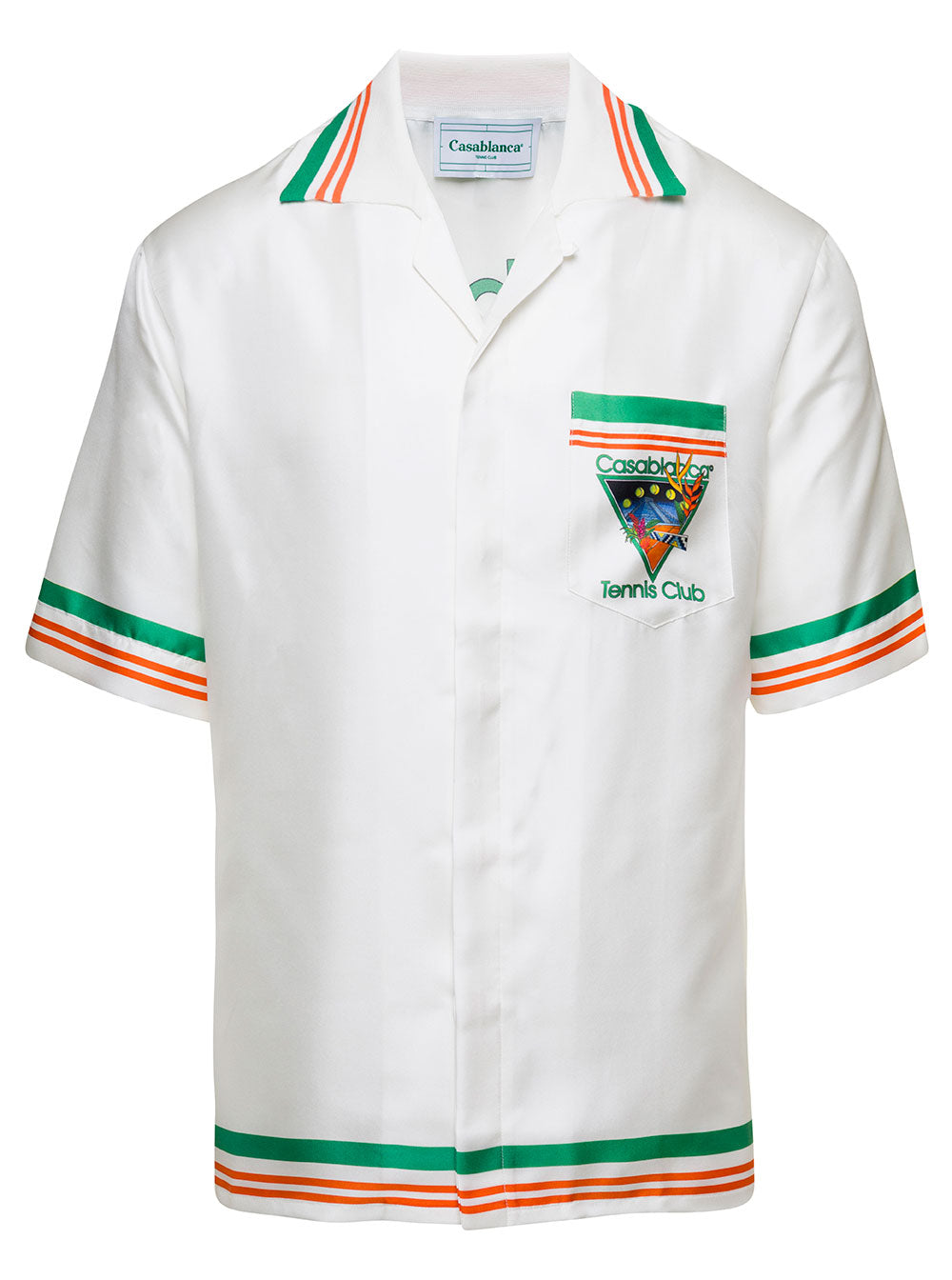 White Polo Shirt With Tennis Club Icon Print And Striped Trims Silk Twill Man Blouses