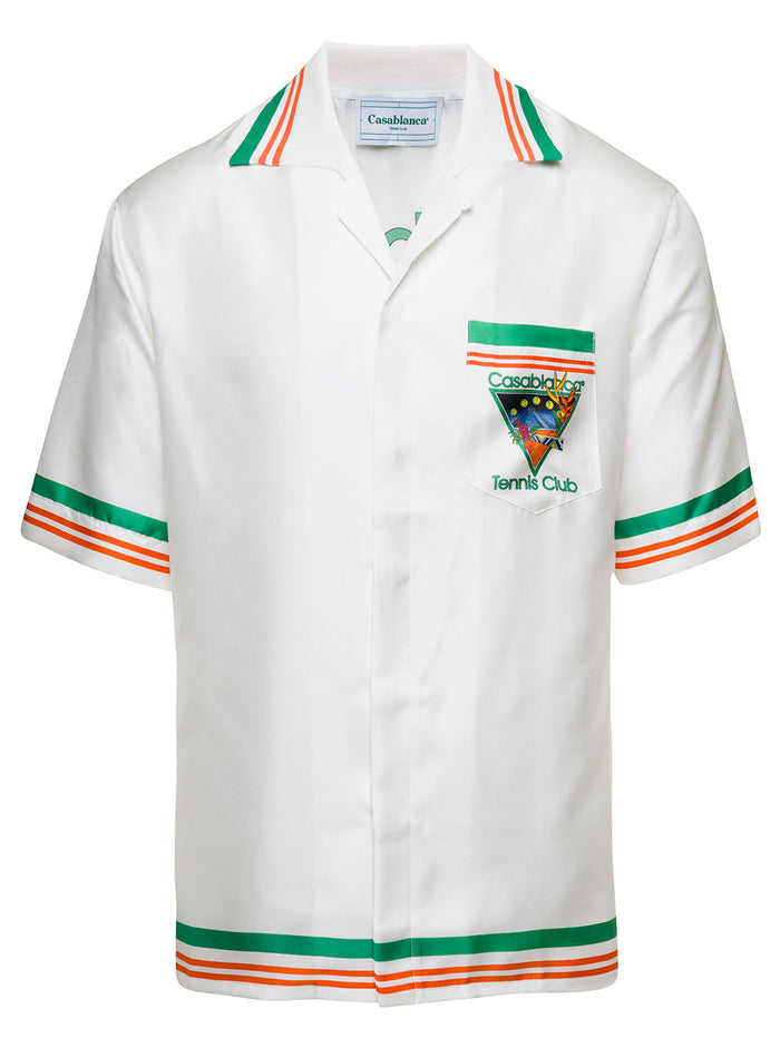 White Polo Shirt With Tennis Club Icon Print And Striped Trims Silk Twill Man Blouses