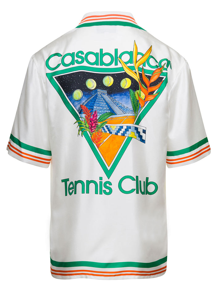 White Polo Shirt With Tennis Club Icon Print And Striped Trims Silk Twill Man Blouses