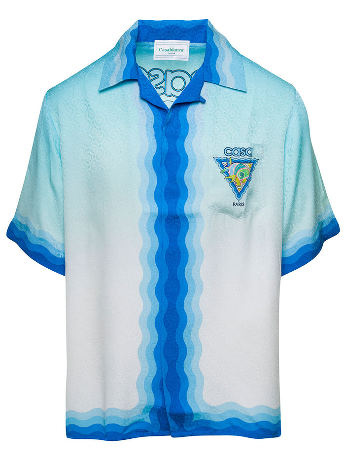 Light Blue Bowling Shirt With Graphic And Logo Print Silk Man Blouses