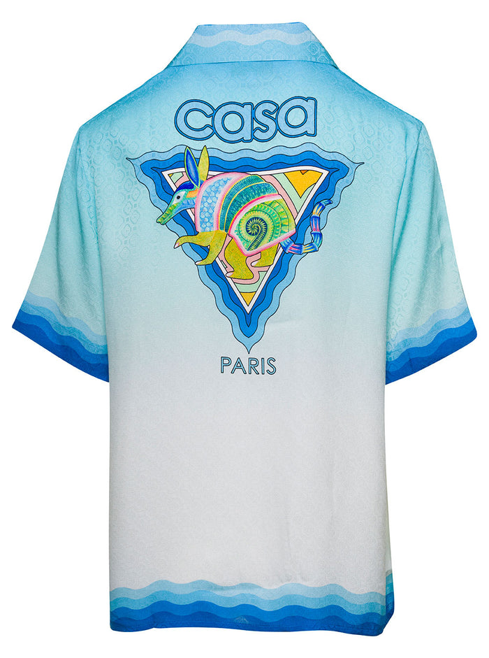 Light Blue Bowling Shirt With Graphic And Logo Print Silk Man Blouses