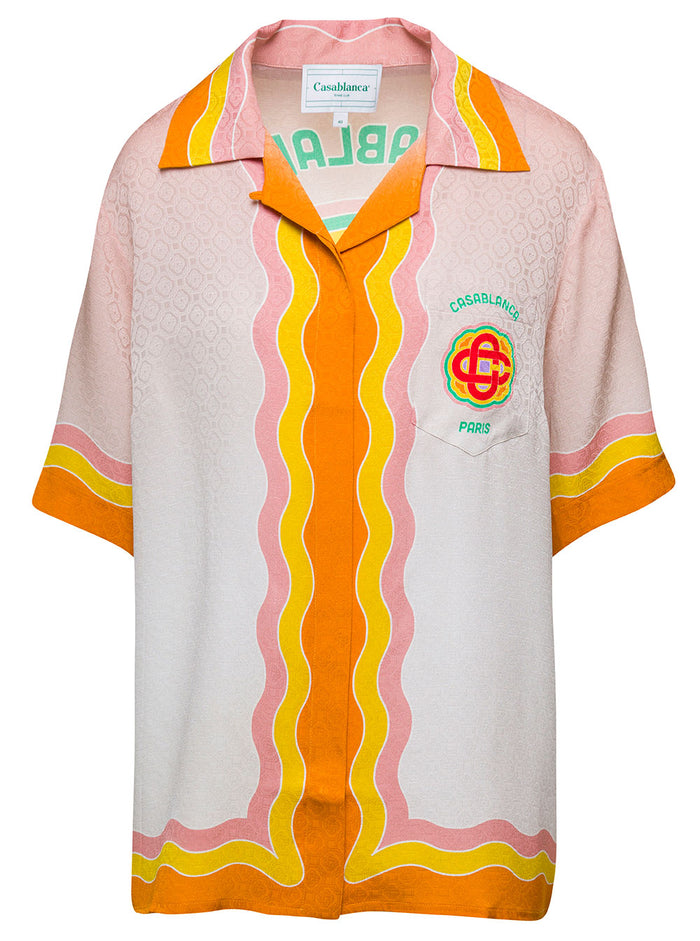 Multicolor Bowling Shirt With Graphic And Logo Print Silk Woman Blouses