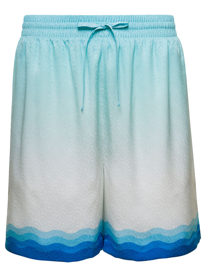 Light Blue Shorts With Elastic Waistband And Graphic Print Silk Man Bermuda