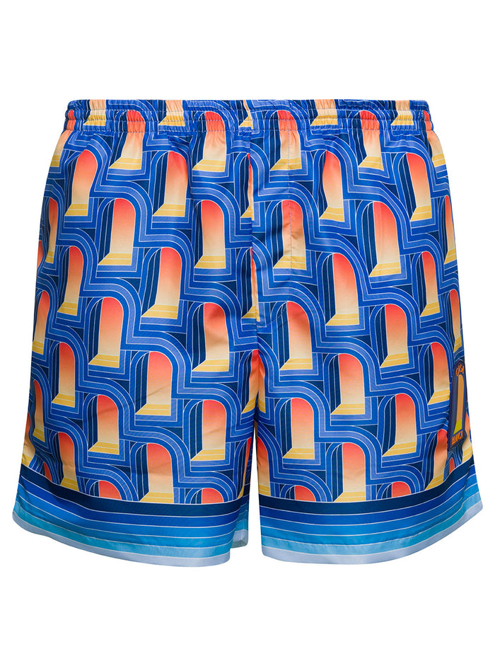 Multicolor Swim Trunks With All-Over Arche De Nuit Print Nylon Man Polyester Beachwear