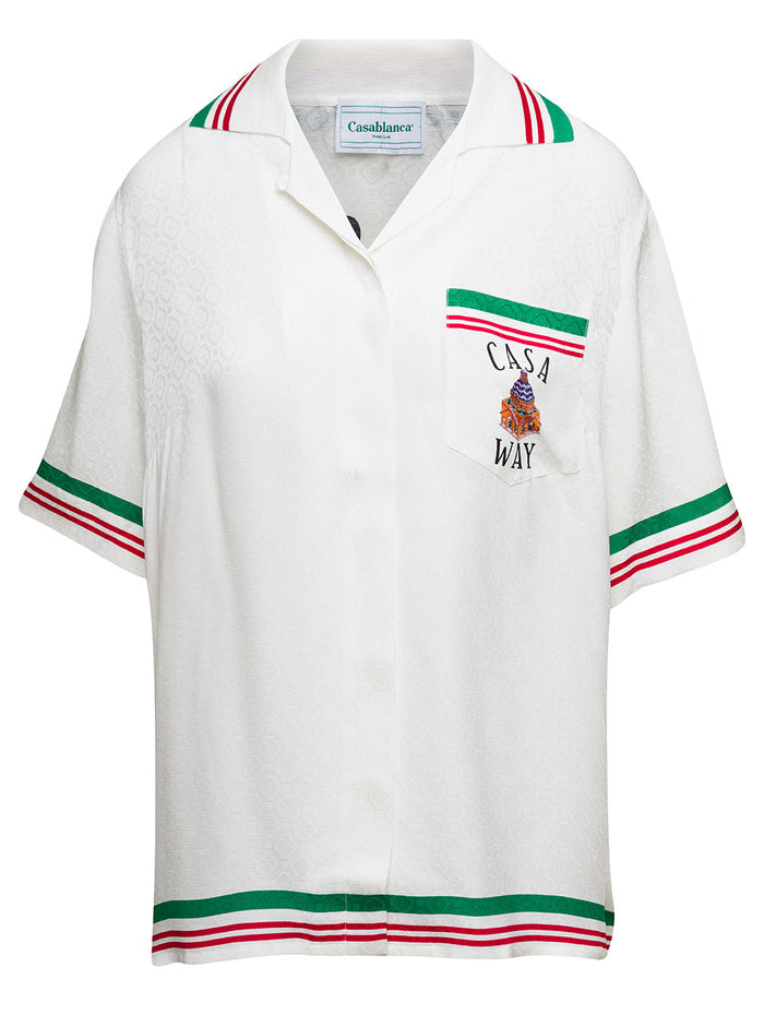 White Bowling Shirt With Logo Print And Striped Trim Silk Woman Blouses