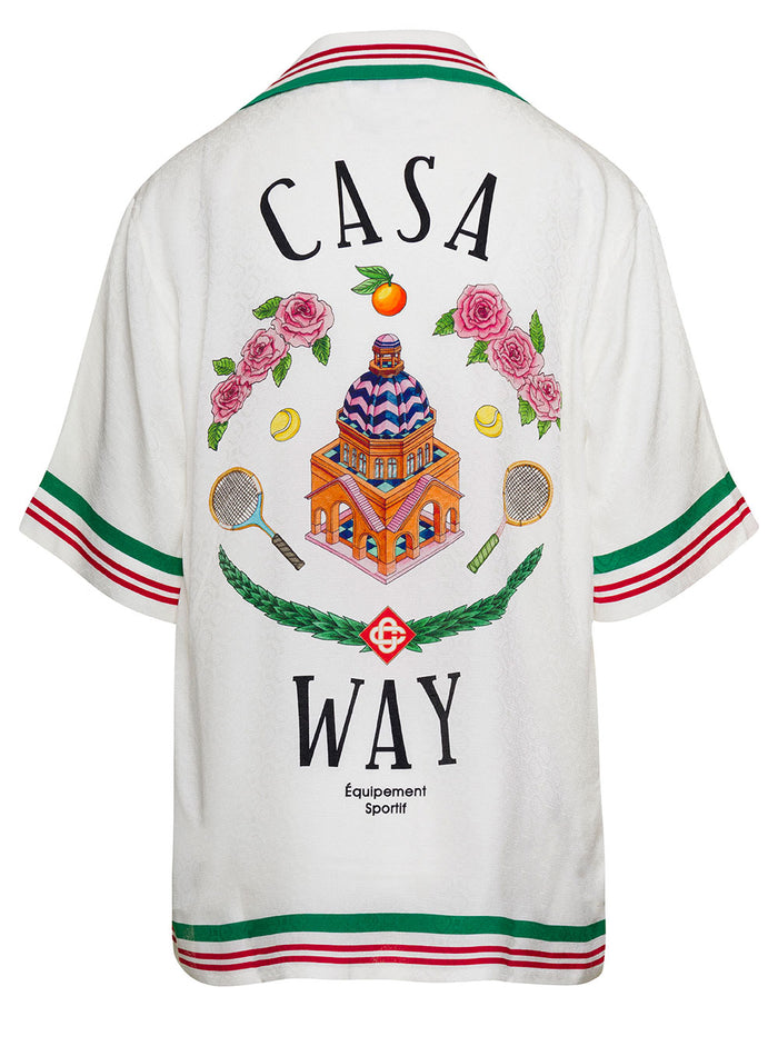 White Bowling Shirt With Logo Print And Striped Trim Silk Woman Blouses