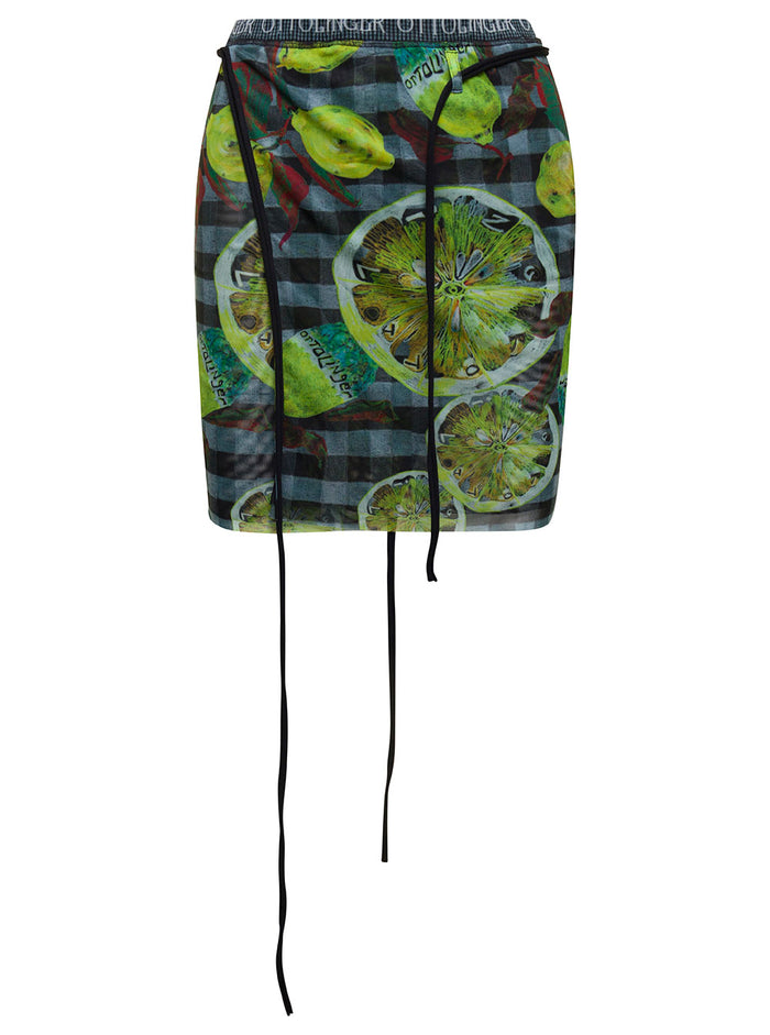 Multicolor Wrap Skirt With Branded Band And Lemon Print Mesh Woman Recycled Polyester Elastane