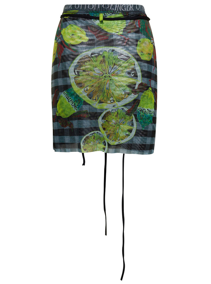 Multicolor Wrap Skirt With Branded Band And Lemon Print Mesh Woman Recycled Polyester Elastane