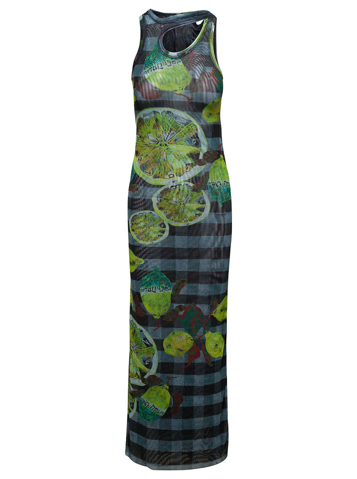 Long Multicolor Asymmetric Dress With Cut-Out And Lemon Print Mesh Woman Recycled Polyester Elastane