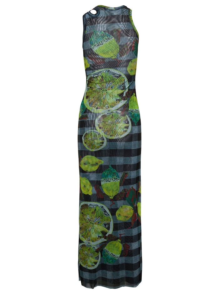 Long Multicolor Asymmetric Dress With Cut-Out And Lemon Print Mesh Woman Recycled Polyester Elastane