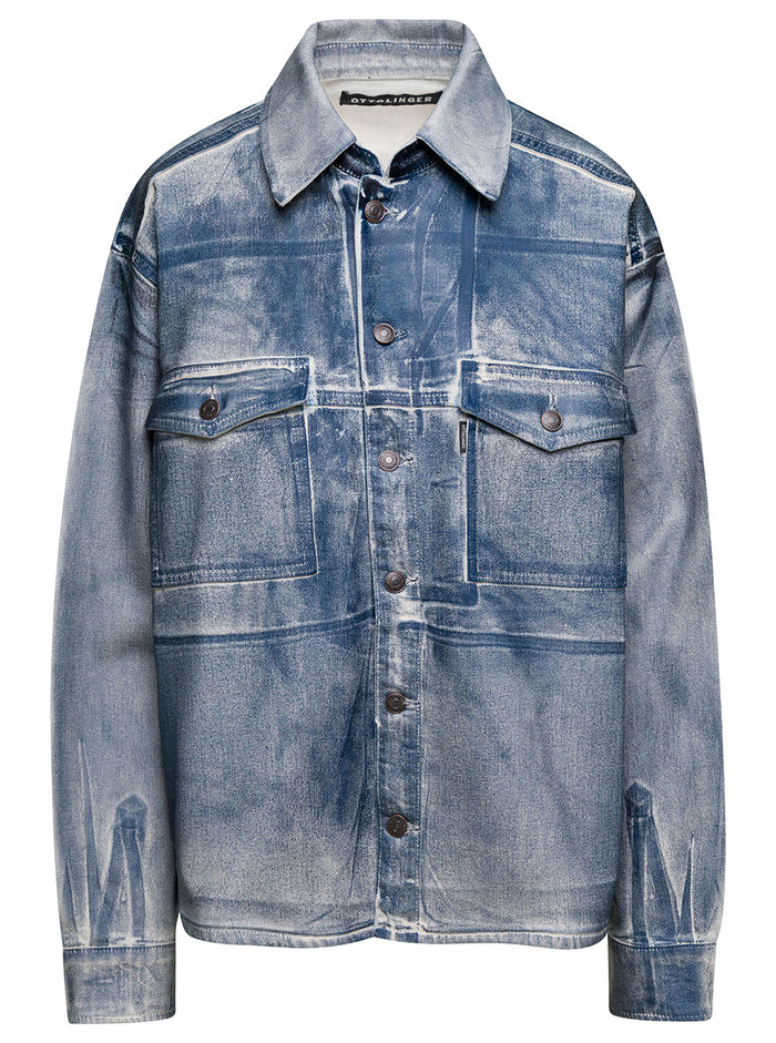 Oversized Light Blue Jacket With Button Fastening And Faded Effect Cotton Blend Denim Woman Blu