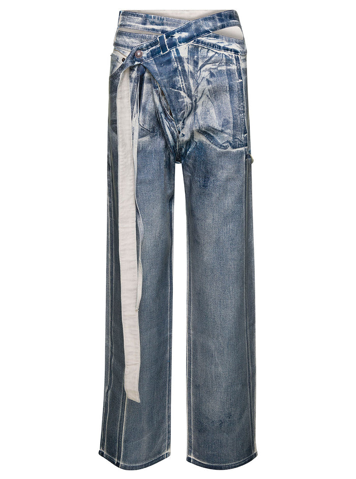 Light Blue Wrap Jeans With Faded Effect Cotton Blend Denim Woman Blu Trousers