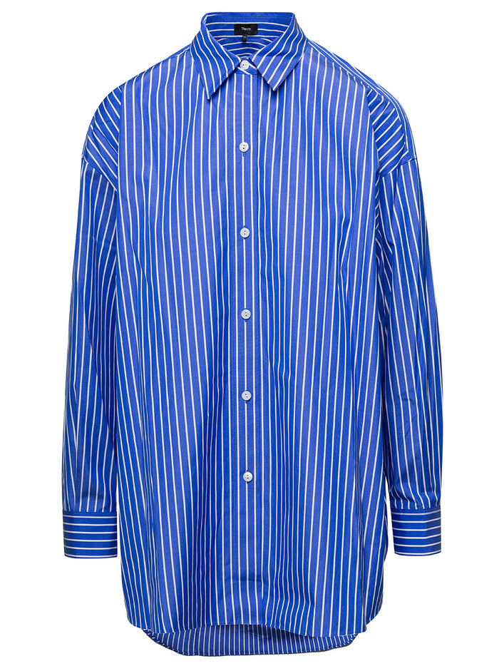 Striped Button Up Oversize Shirt Light-Blue Cotton Woman Blu And Blouses