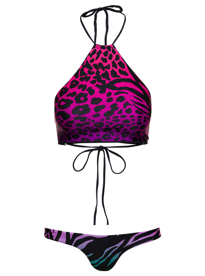 Animal-Print Bikini Set Fuchsia Technical Fabric Woman Polyammide Elastan Beachwear