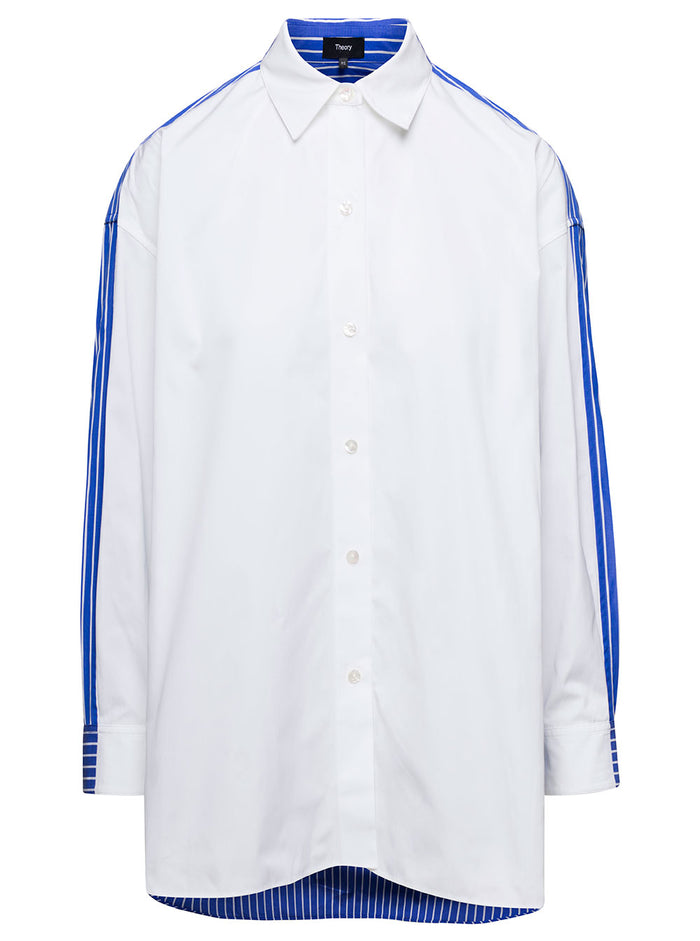 Multi-Panel Long Sleeve Shirt White And Light-Blue Cotton Woman Blouses