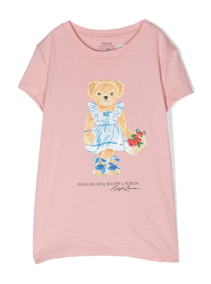 Pink Crewneck T-Shirt With Teddy Bear Print Cotton Girl Tshirts And Polo Shirts