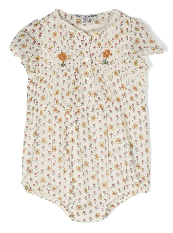 Multicolor Onesie With Floreal Print And Daisy Embroidery Cotton Baby Beige Jumpsuits