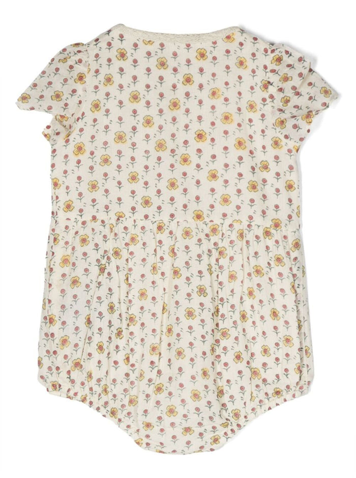 Multicolor Onesie With Floreal Print And Daisy Embroidery Cotton Baby Beige Jumpsuits