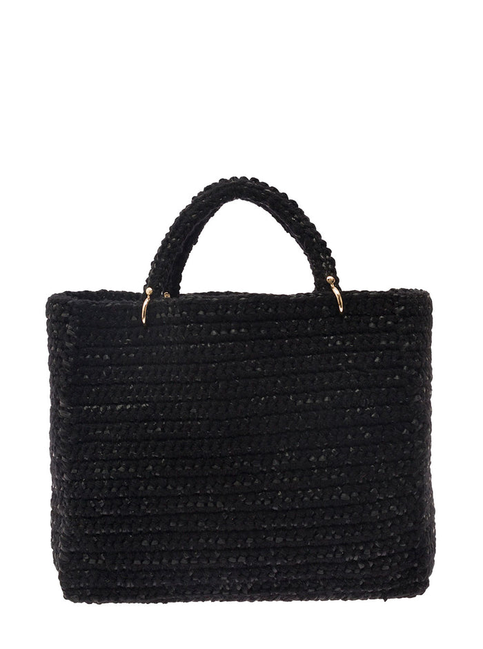 Braided Design Tote Bag Black Wool Woman Acrylic Viscose Hand