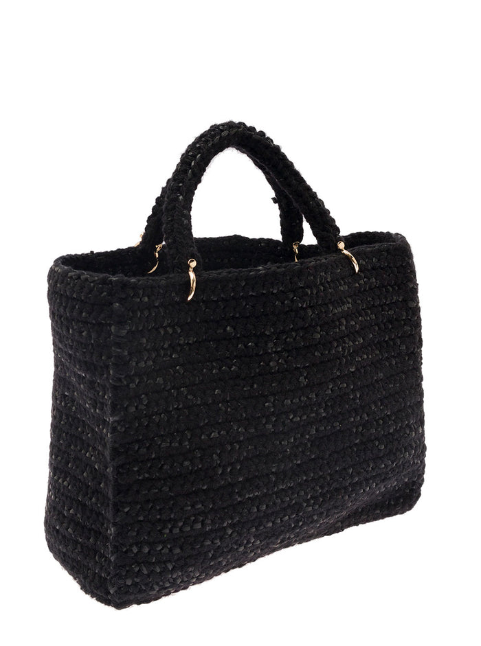 Braided Design Tote Bag Black Wool Woman Acrylic Viscose Hand