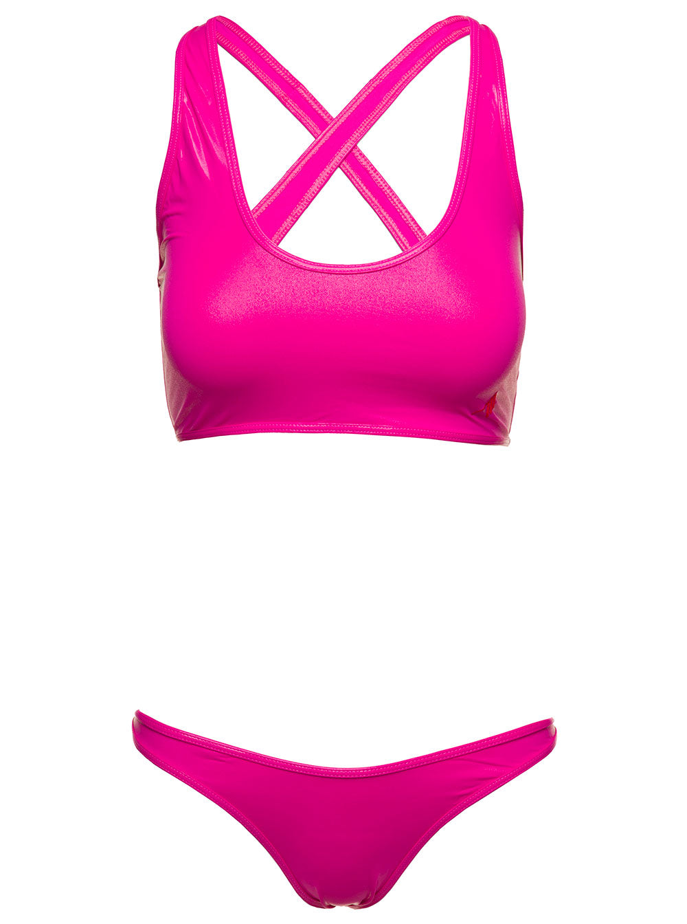 Crossover-Strap Bikini Set With Embroidered Logo Technical Fabric Woman Fuxia Polyammide Elastan Beachwear