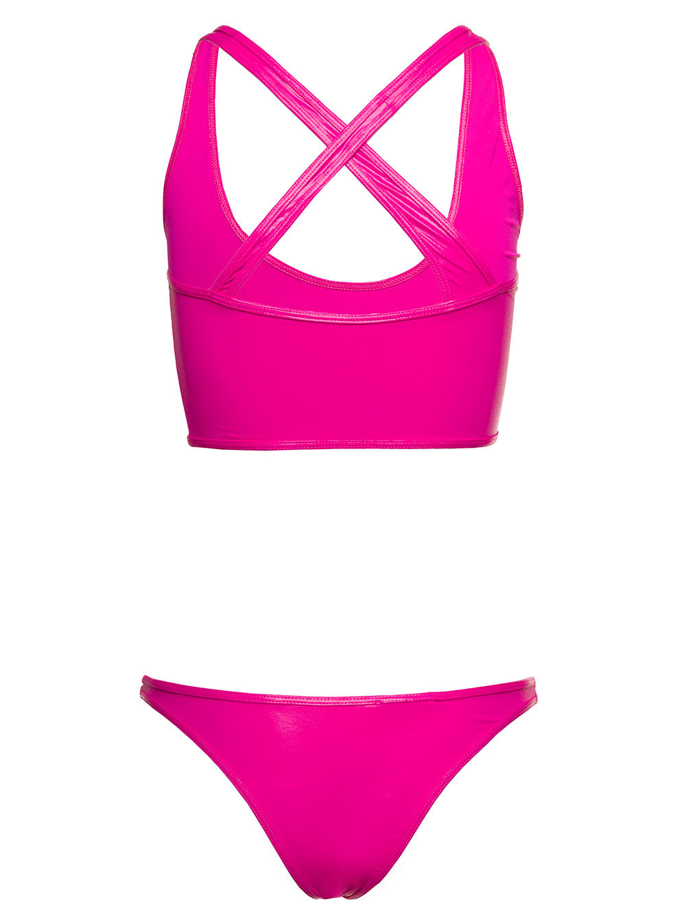 Crossover-Strap Bikini Set With Embroidered Logo Technical Fabric Woman Fuxia Polyammide Elastan Beachwear