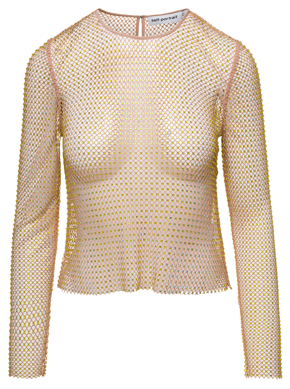 Long Sleeve Mesh Top With All-Over Crystal Embellishment Beige Technical Fabric Woman Polyester Tops