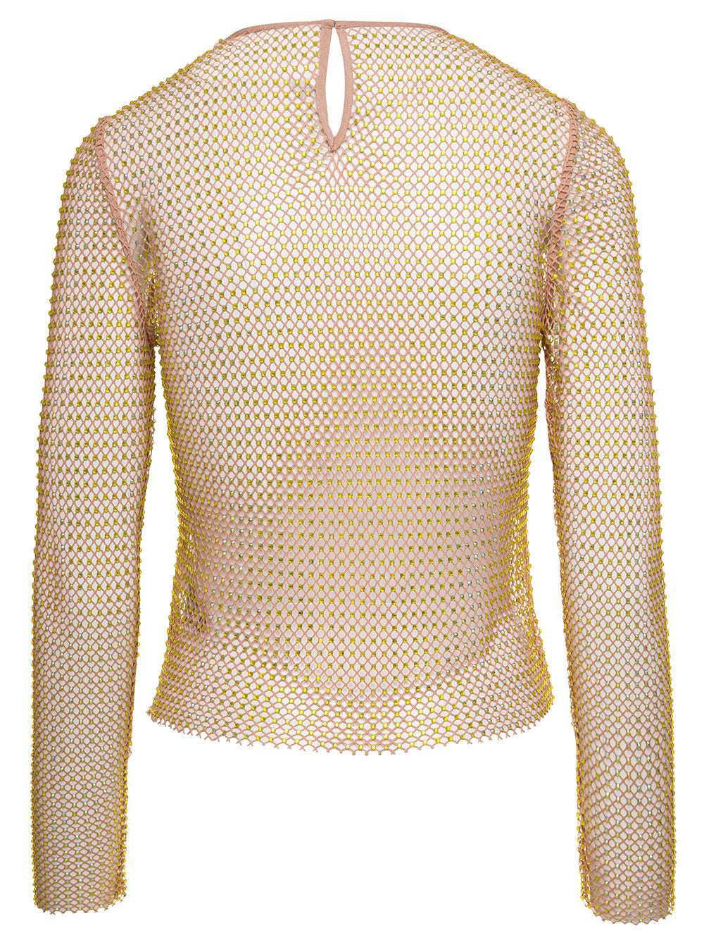 Long Sleeve Mesh Top With All-Over Crystal Embellishment Beige Technical Fabric Woman Polyester Tops