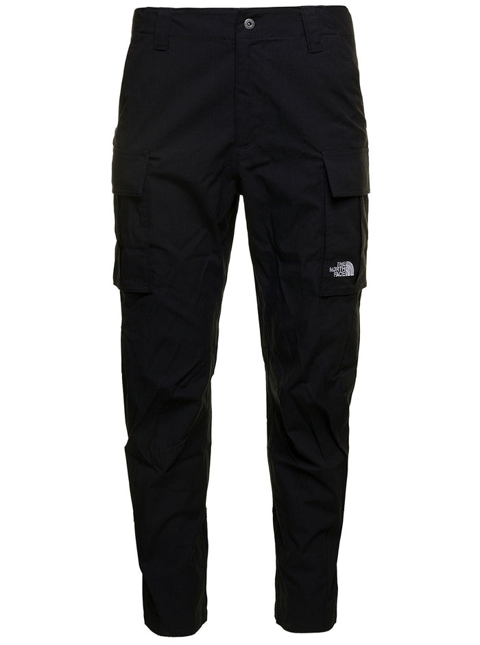 Anticline Black Cargo Pants With Logo Print Cotton Blend Man Nylon Elastan Trousers