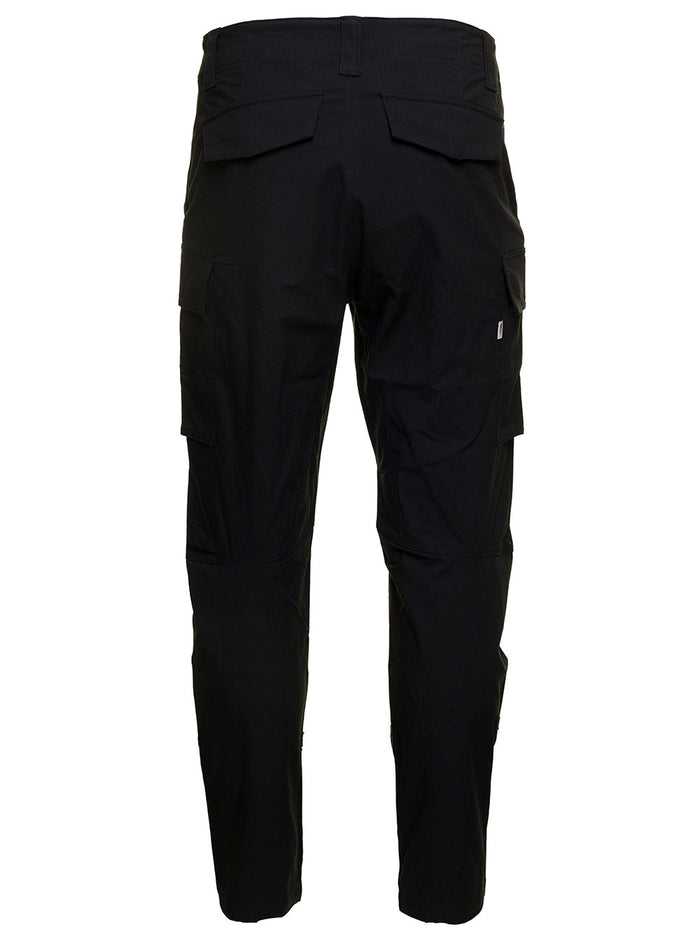 Anticline Black Cargo Pants With Logo Print Cotton Blend Man Nylon Elastan Trousers