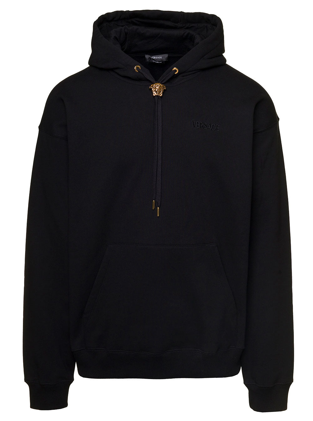Black Hoodie With Medua Drawstring Cotton Man Sweatshirts