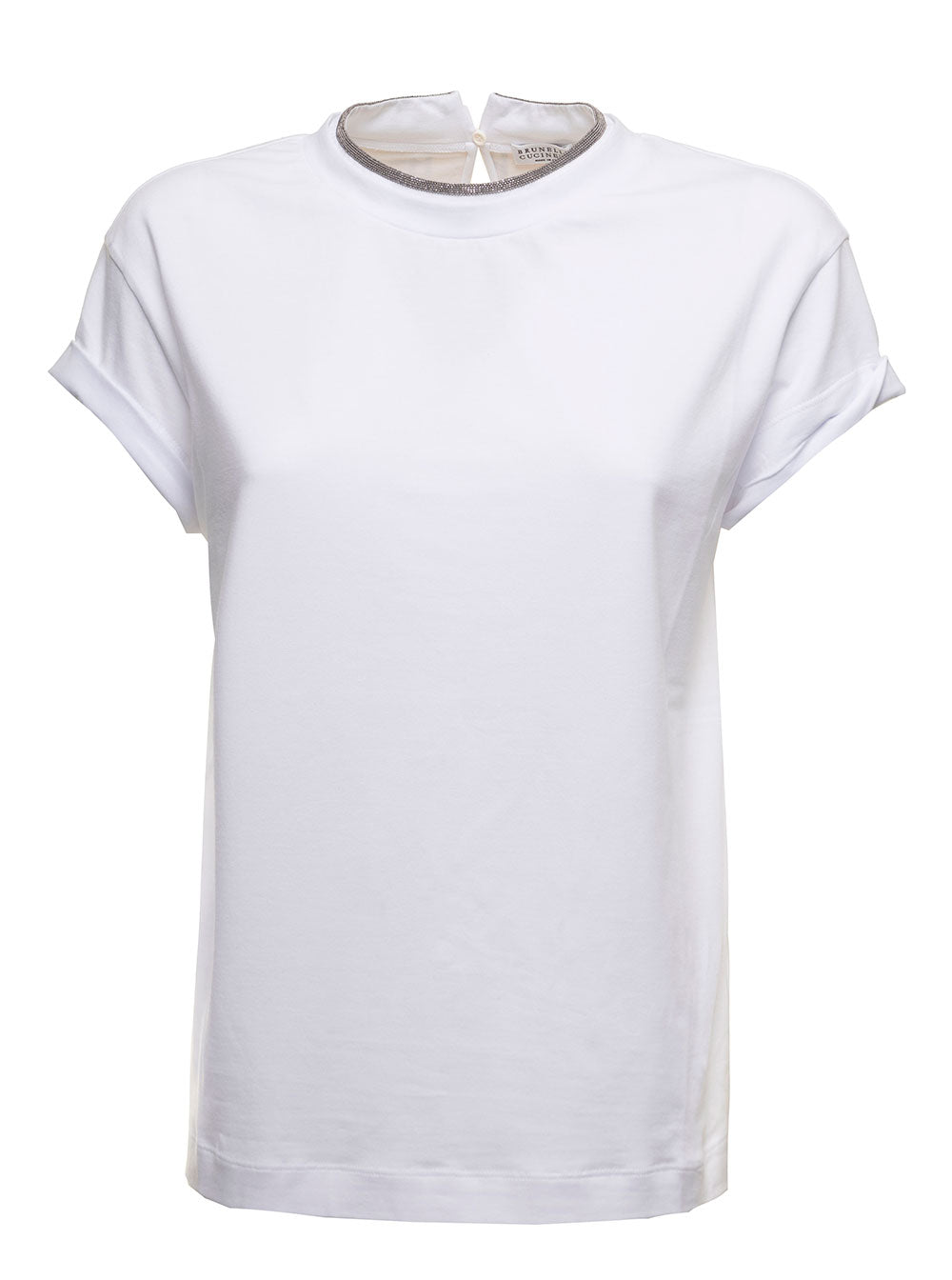 Brunello Cucinelli Womans White Cotton T-Shirt With Monile Crew Neck Elastan Tshirts And Polo Shirts