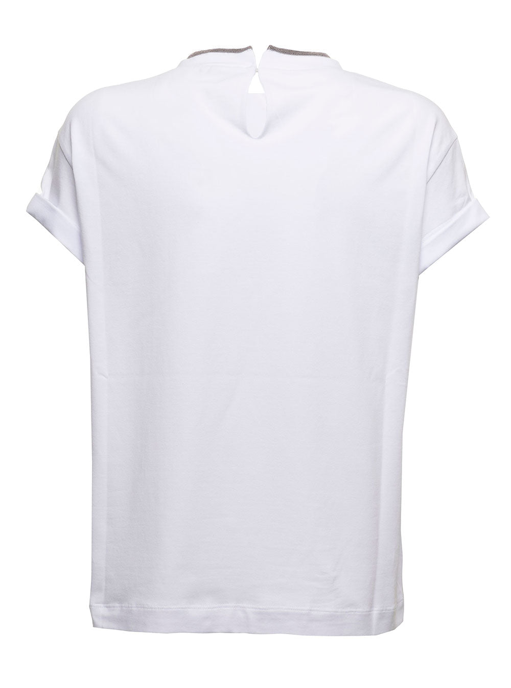 Brunello Cucinelli Womans White Cotton T-Shirt With Monile Crew Neck Elastan Tshirts And Polo Shirts