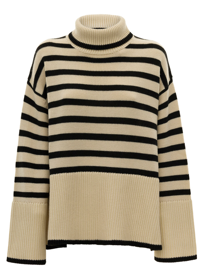 Black And Beige Striped Turtleneck Sweater Wool Cotton Woman Toteme Rws Jersey