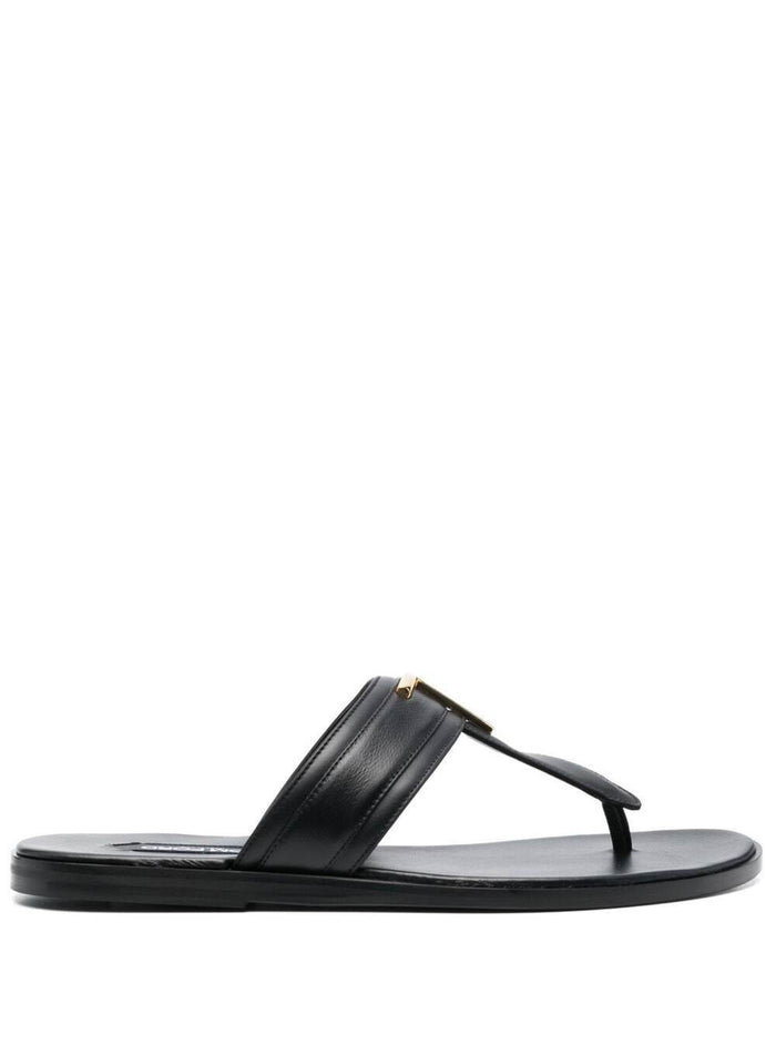 Black Thongs Sandals With Metal T Detail Leather Man Calf Zamac Flat Shoes