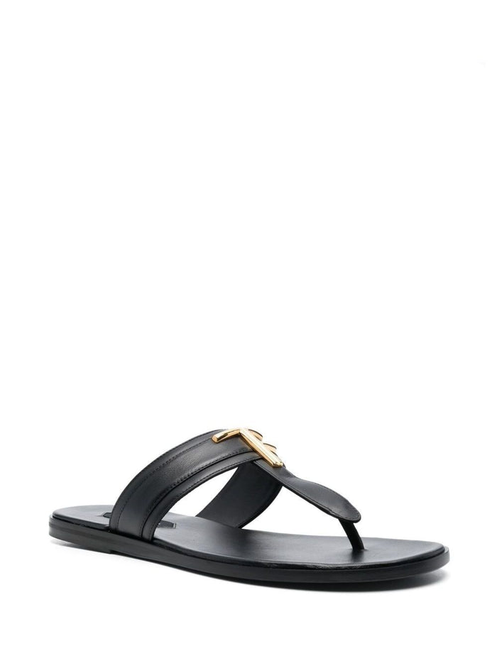 Black Thongs Sandals With Metal T Detail Leather Man Calf Zamac Flat Shoes