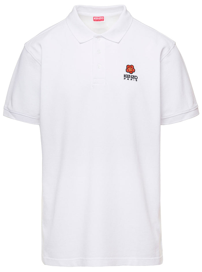 White Polo Shirt With Broke Flower Crest Embroidey To The Ches Piquet Man Kenzo Cotton Tshirts And