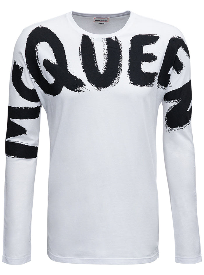 Alexander Mcqueen Mens Long-Sleeved Cotton T-Shirt With Logo Print White Tshirts And Polo Shirts