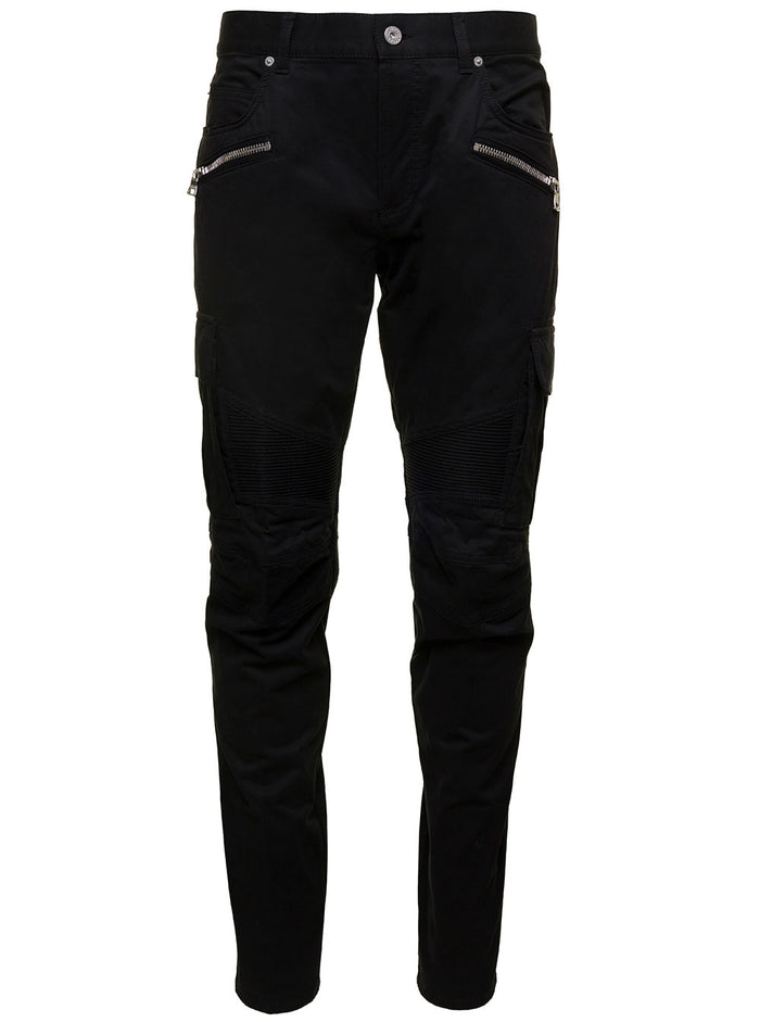 Black Slim Cargo Pants With Zip And Pockets Stretch Cotton Man Elastane Trousers