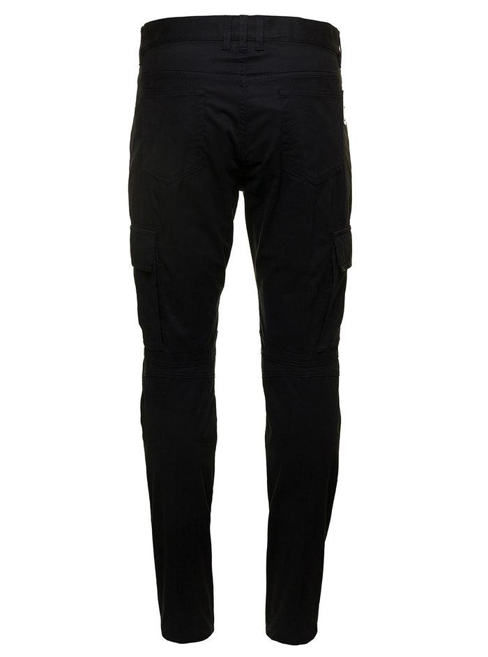 Black Slim Cargo Pants With Zip And Pockets Stretch Cotton Man Elastane Trousers