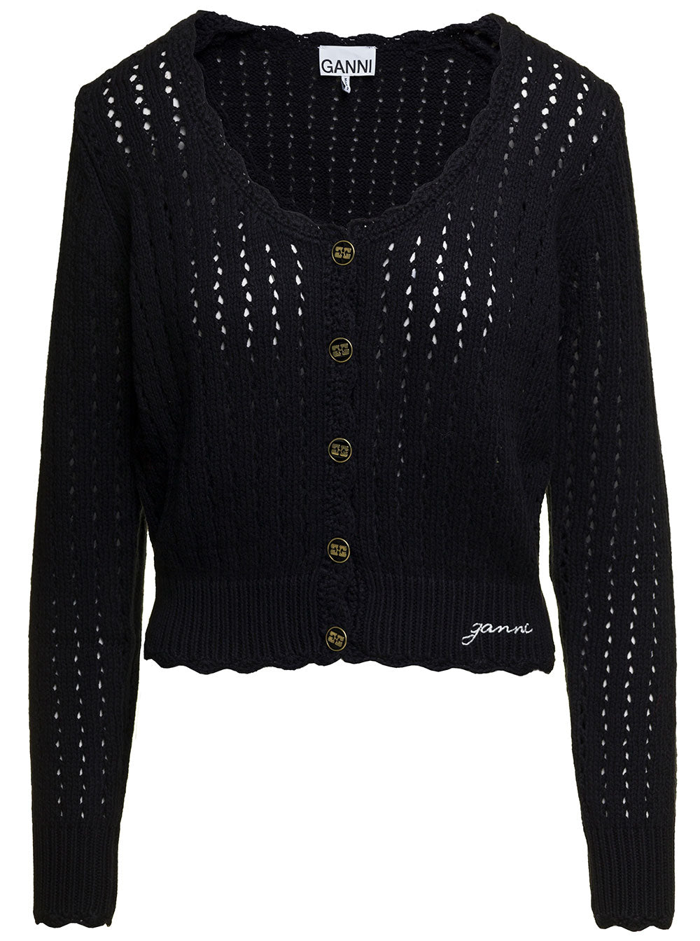 Black Cardugan With Contrasting Logo Embroidery Cotton Lace Woman Jersey