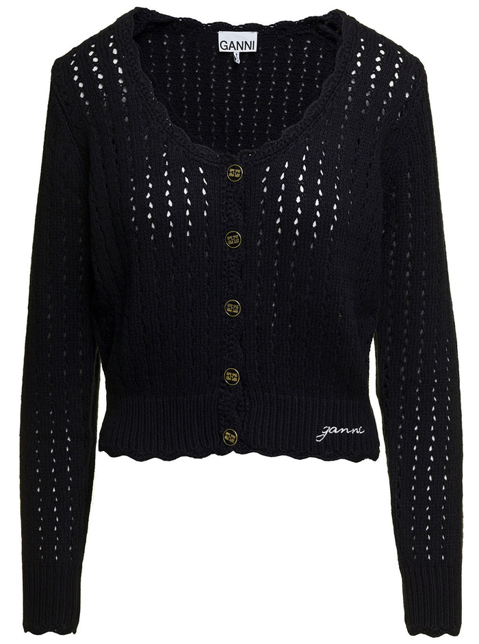 Black Cardugan With Contrasting Logo Embroidery Cotton Lace Woman Jersey