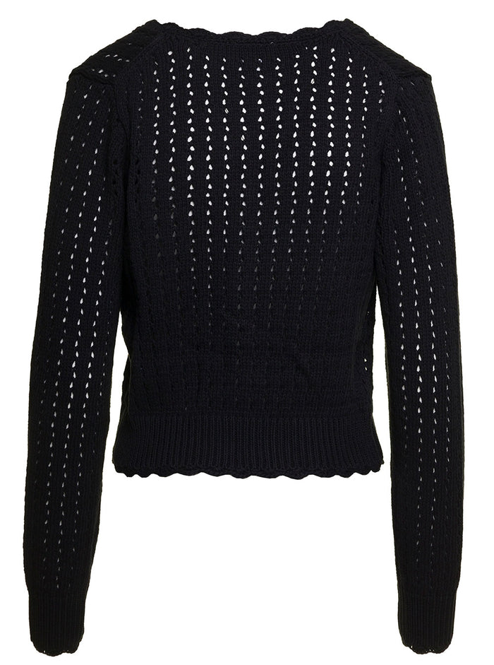 Black Cardugan With Contrasting Logo Embroidery Cotton Lace Woman Jersey