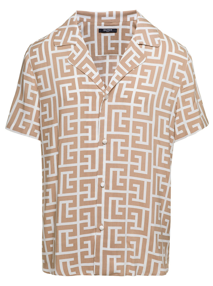 Beige Bowling Shirt With All-Over Monogram Print Viscose Man And Blouses