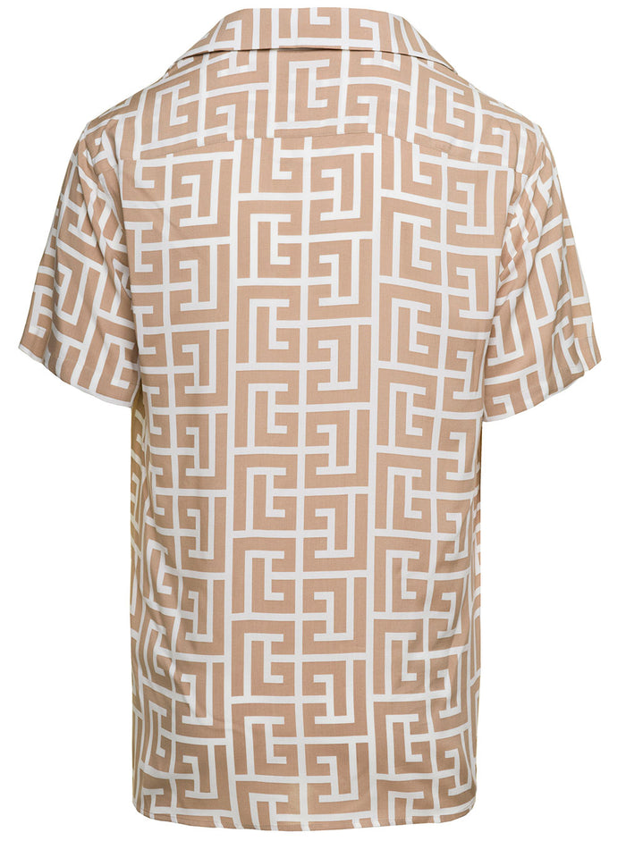 Beige Bowling Shirt With All-Over Monogram Print Viscose Man And Blouses