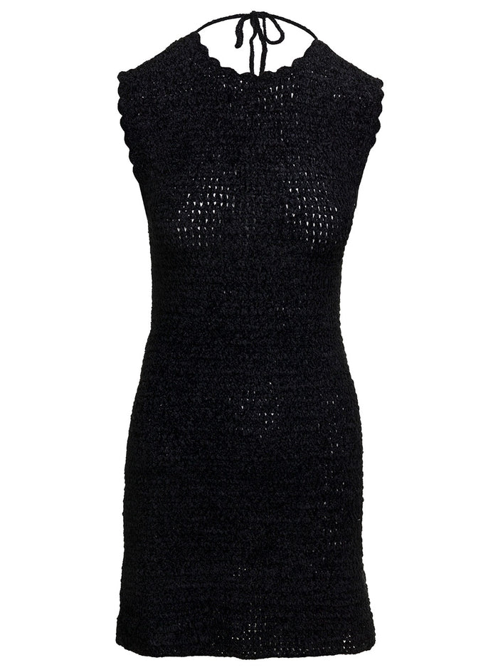 Mini Black Backless Dress With Logo Embroidery Crochet Woman Recycled Polyester