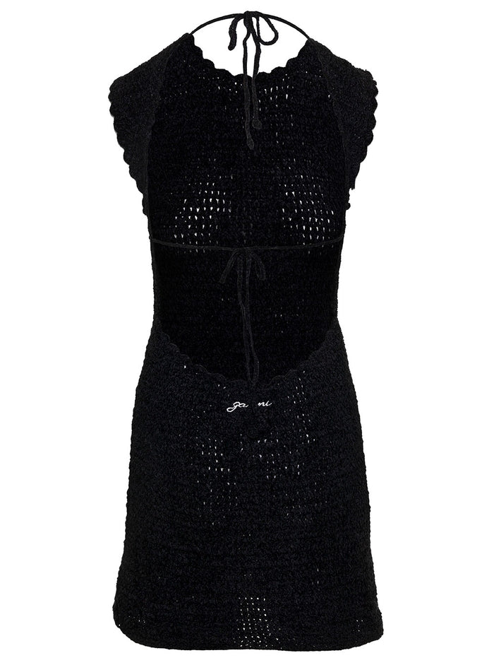 Mini Black Backless Dress With Logo Embroidery Crochet Woman Recycled Polyester
